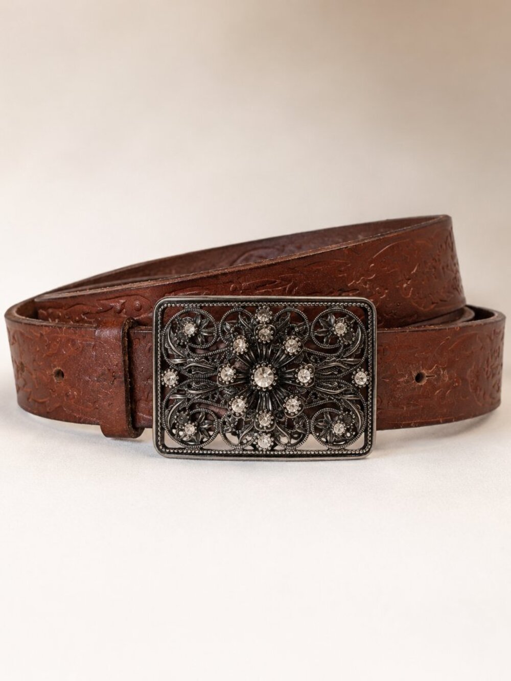 Rare vintage Guess genuine leather tooled buckle western boho festival belt